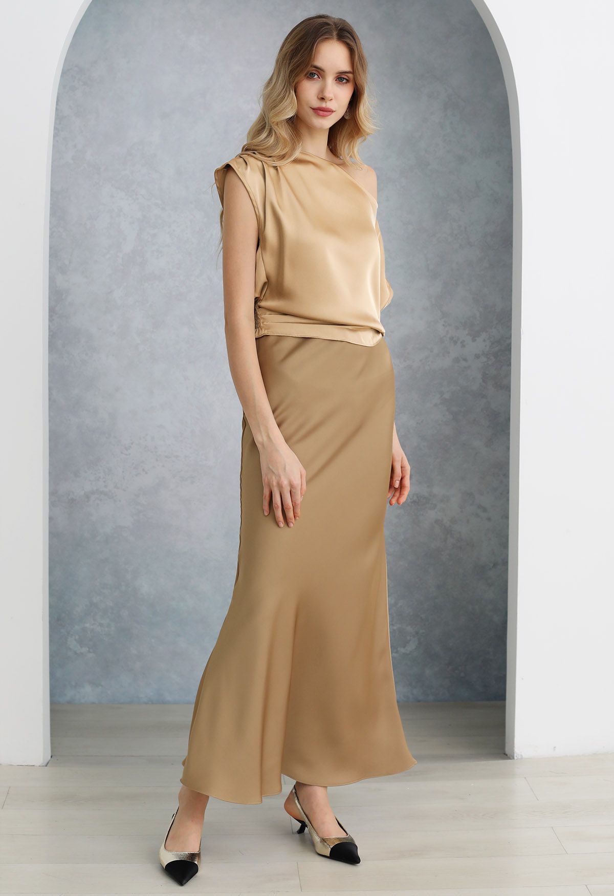 Satin Finish Mermaid Maxi Skirt in Gold