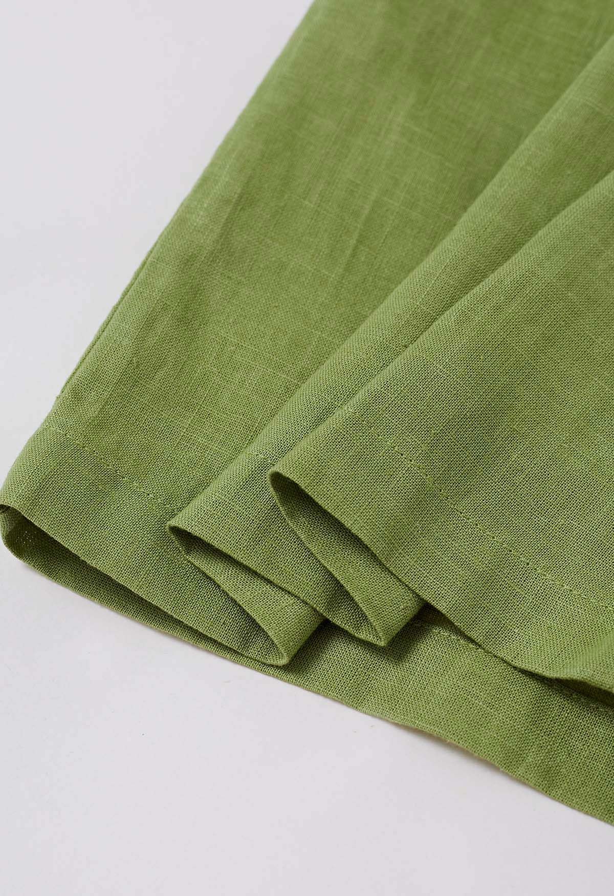 Side Pocket Wide-Leg Linen-Blend Pants in Green