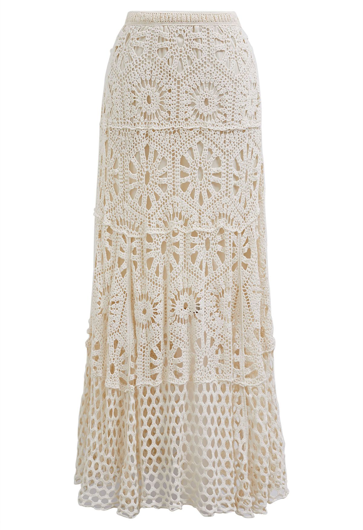 Bohemian Cutwork Crochet Maxi Skirt in Sand