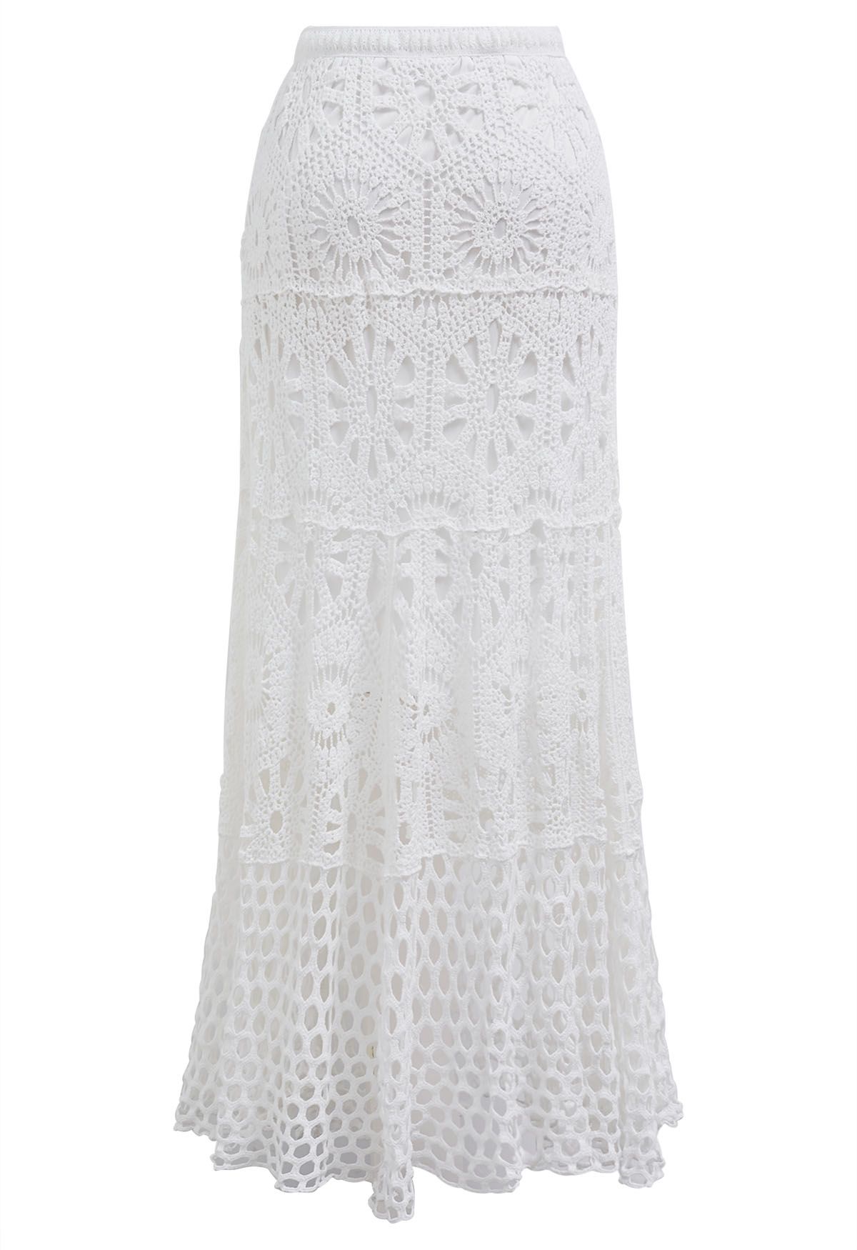 Bohemian Cutwork Crochet Maxi Skirt in White