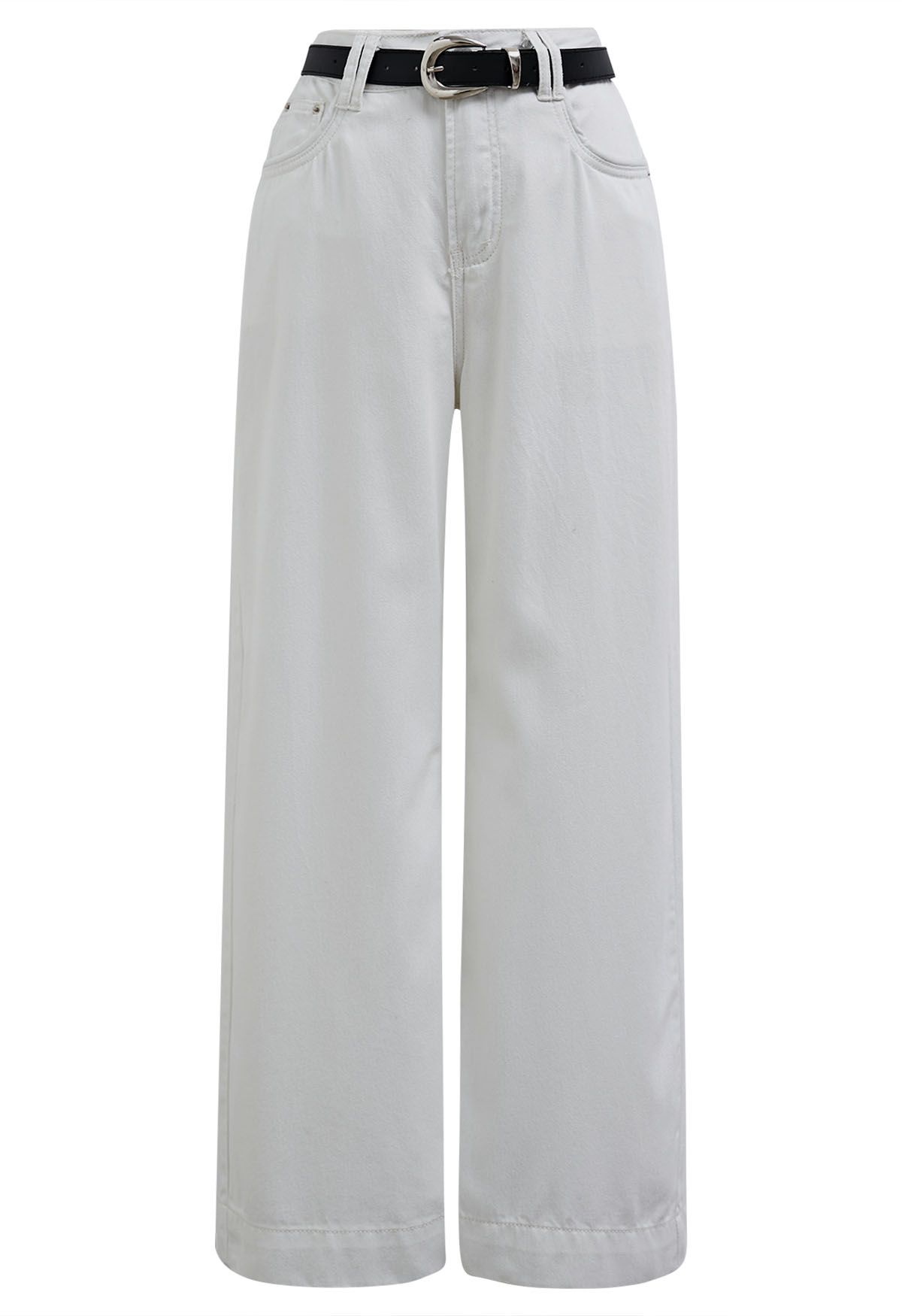 Shimmery White Straight-Leg Belted Jeans