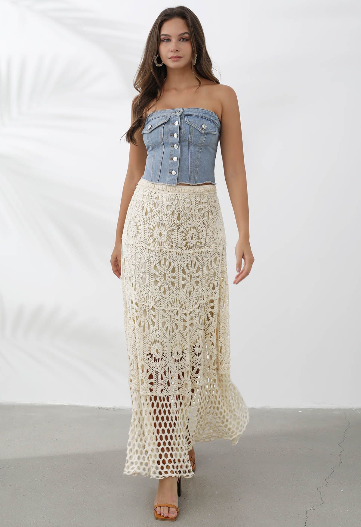 Bohemian Cutwork Crochet Maxi Skirt in Sand