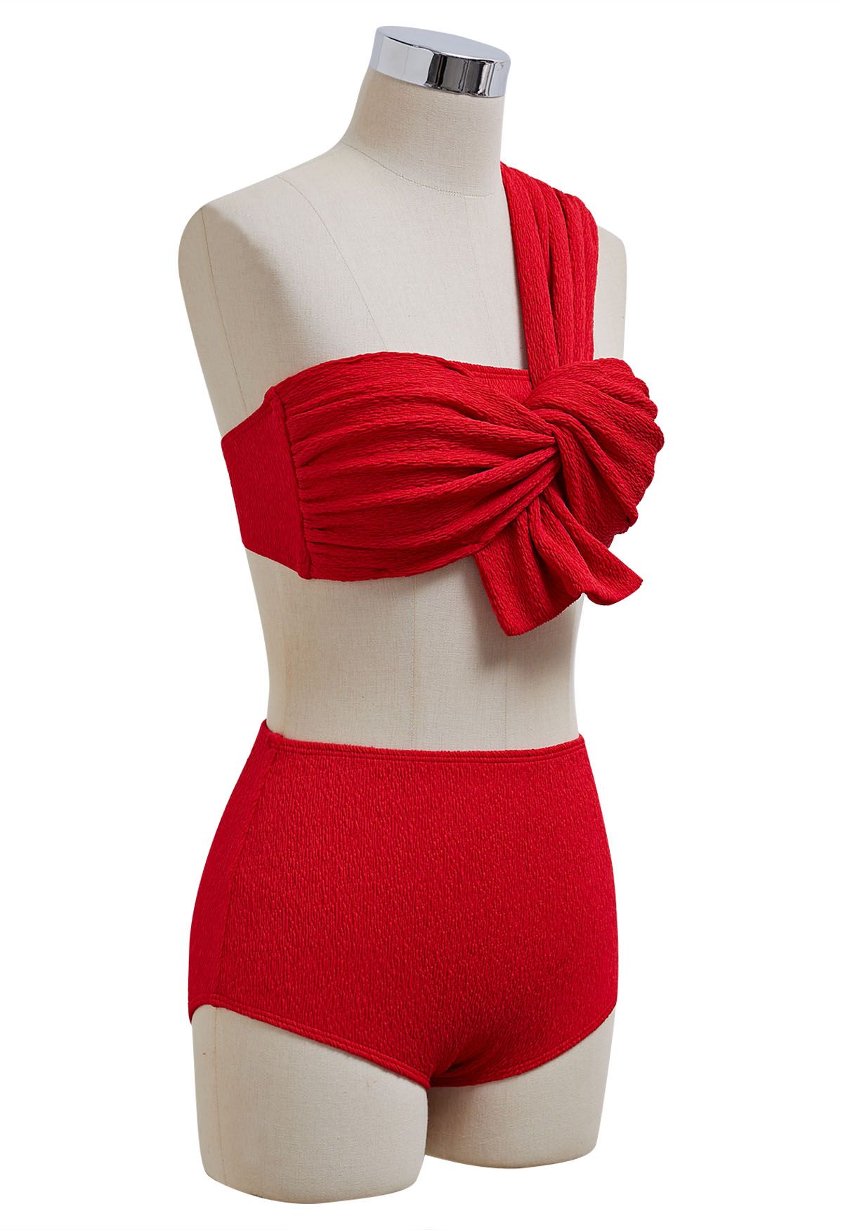 One-Shoulder Knotted Texture Bikini Set in Red