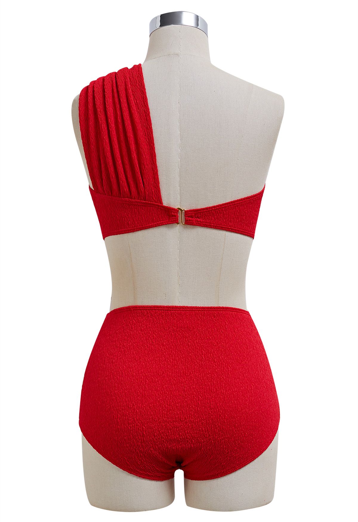 One-Shoulder Knotted Texture Bikini Set in Red