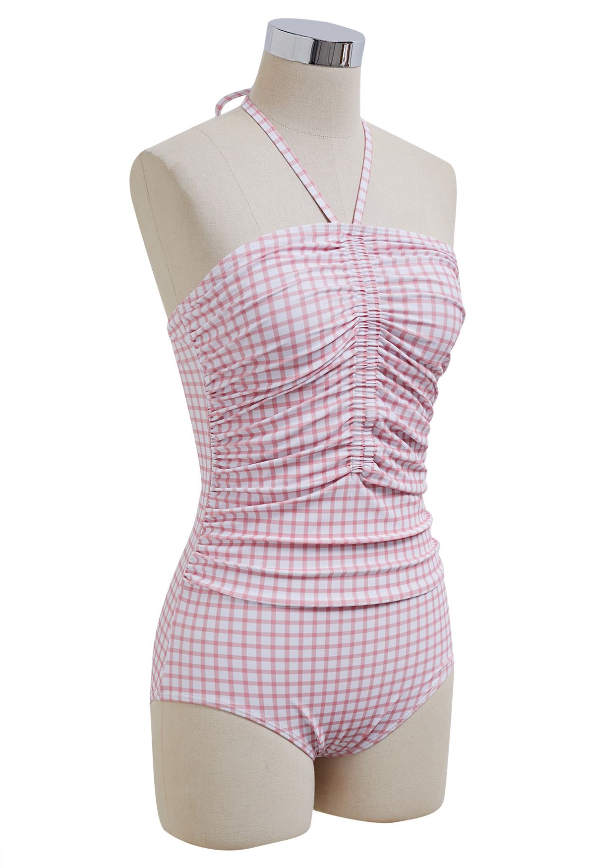 Gingham Drawstring Halter Neck Swimsuit in Pink