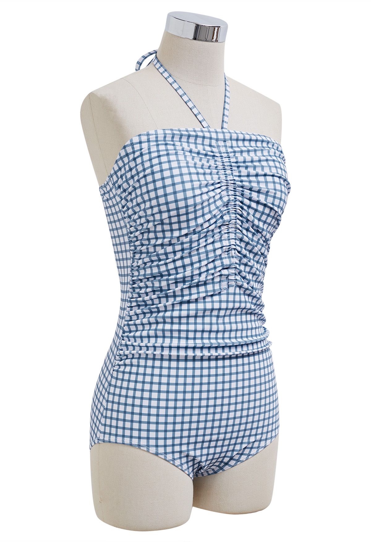 Gingham Drawstring Halter Neck Swimsuit in Blue