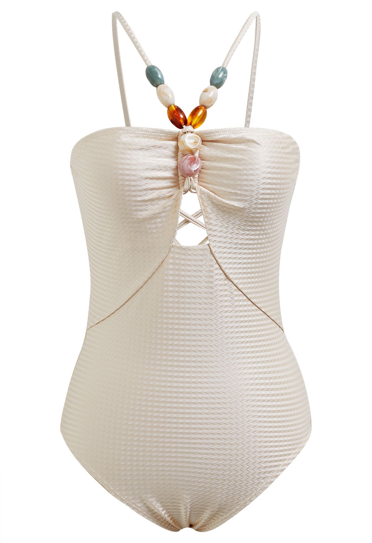 Resin Beads Halter Neck Texture Swimsuit in Champagne