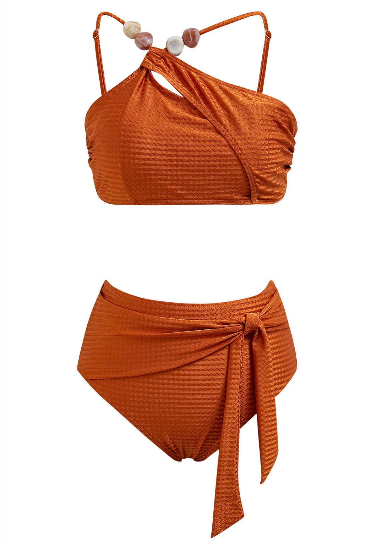 Resin Bead Asymmetric Straps Bowknot Bikini Set in Caramel