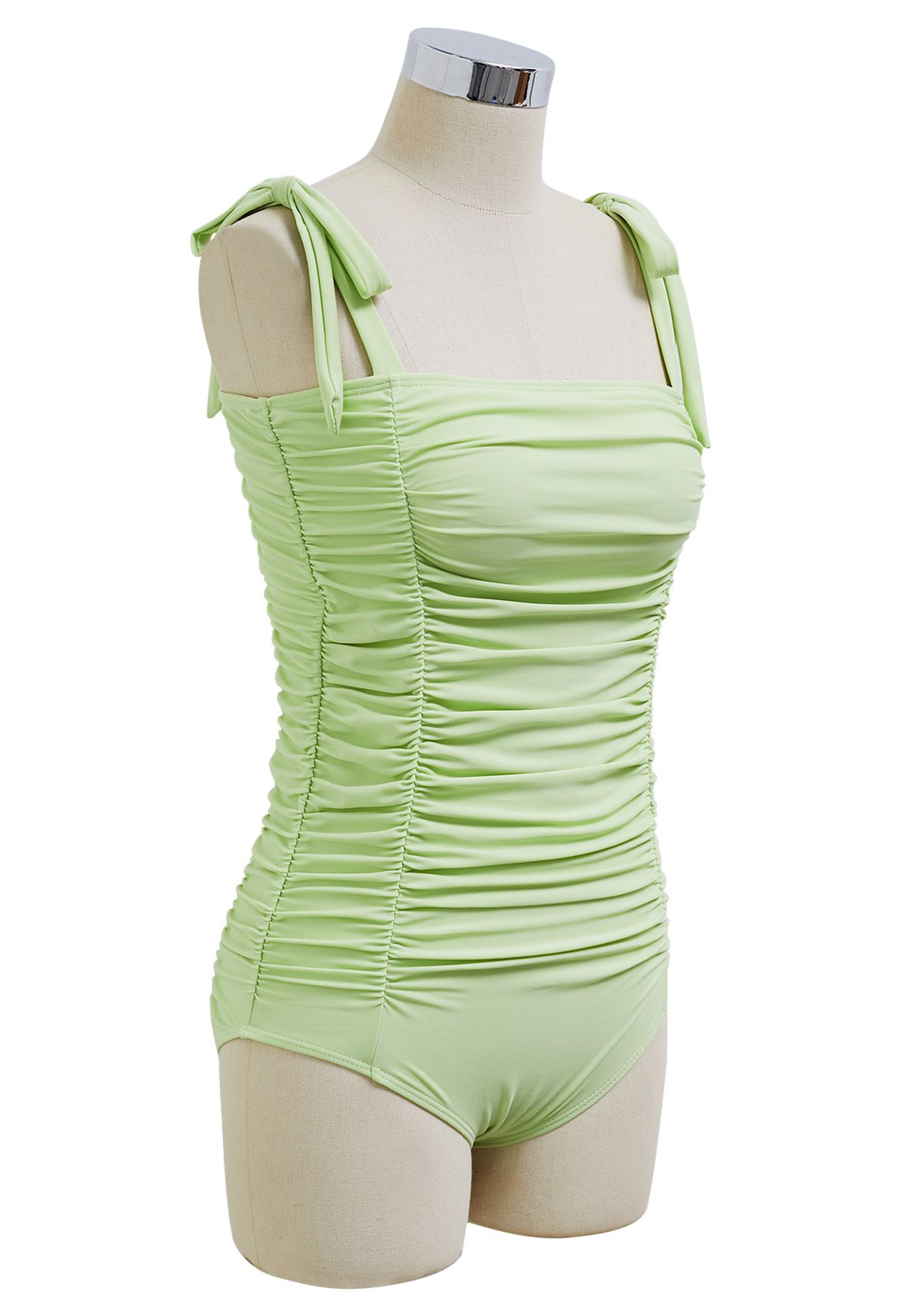 Full Ruched Tie-Shoulder Swimsuit in Pistachio