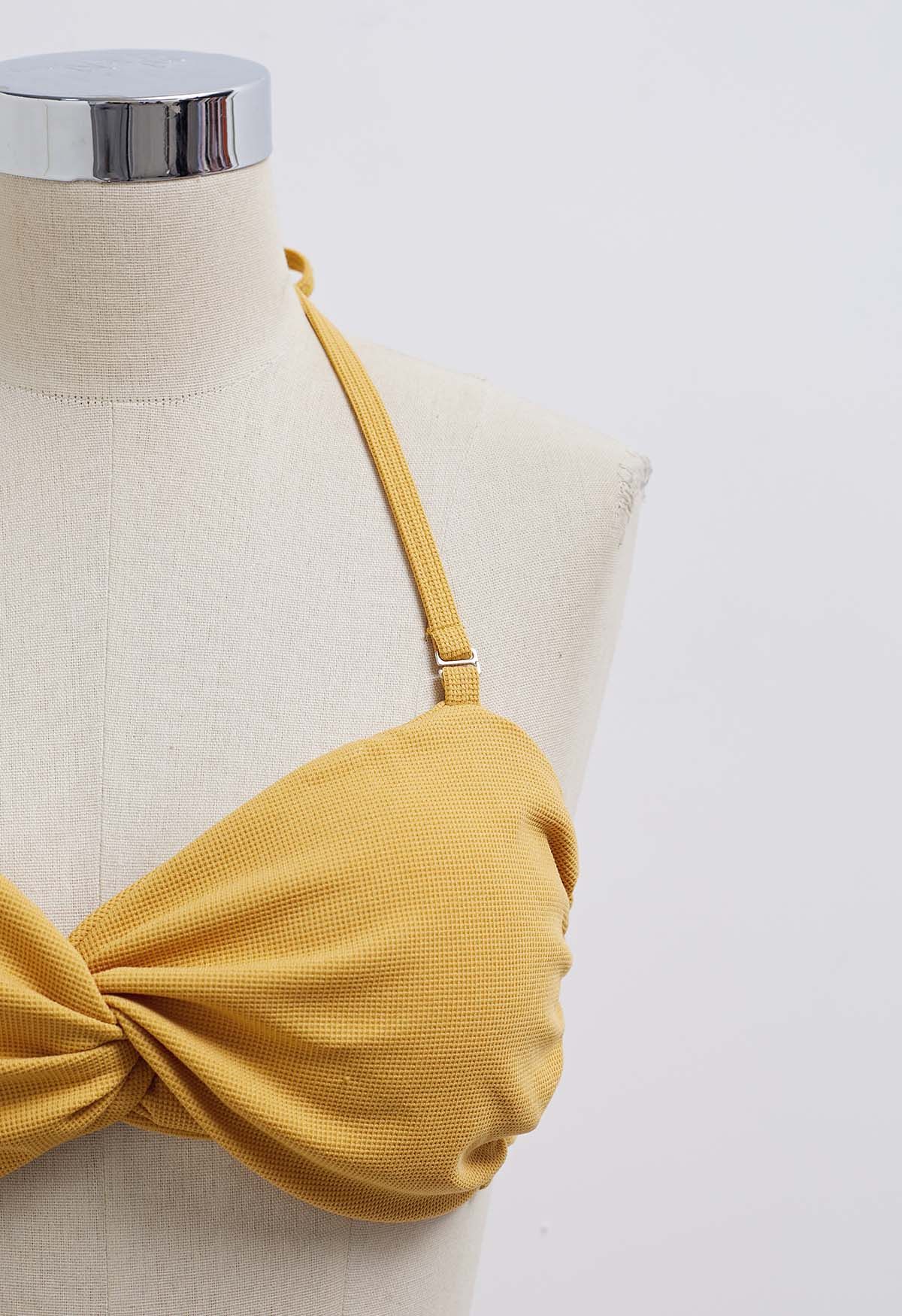 Twisted Detail Side Ruched Halter Bikini Set in Mustard