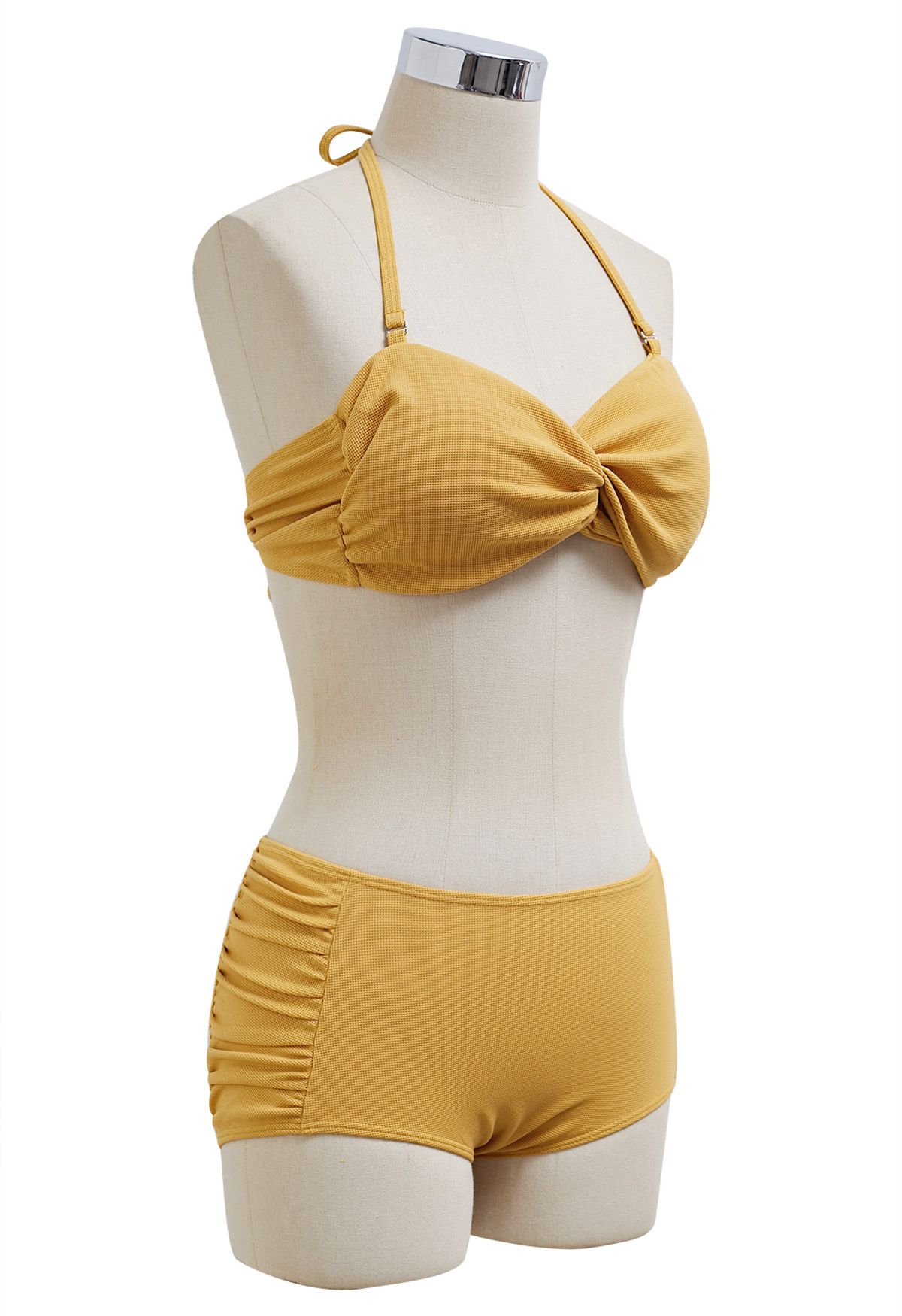 Twisted Detail Side Ruched Halter Bikini Set in Mustard