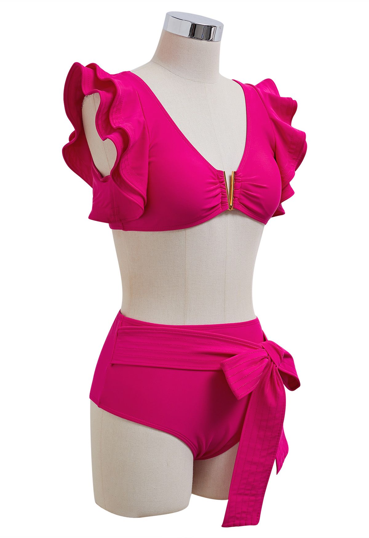 V-Shape Metal Trim Ruffle Bikini Set in Hot Pink