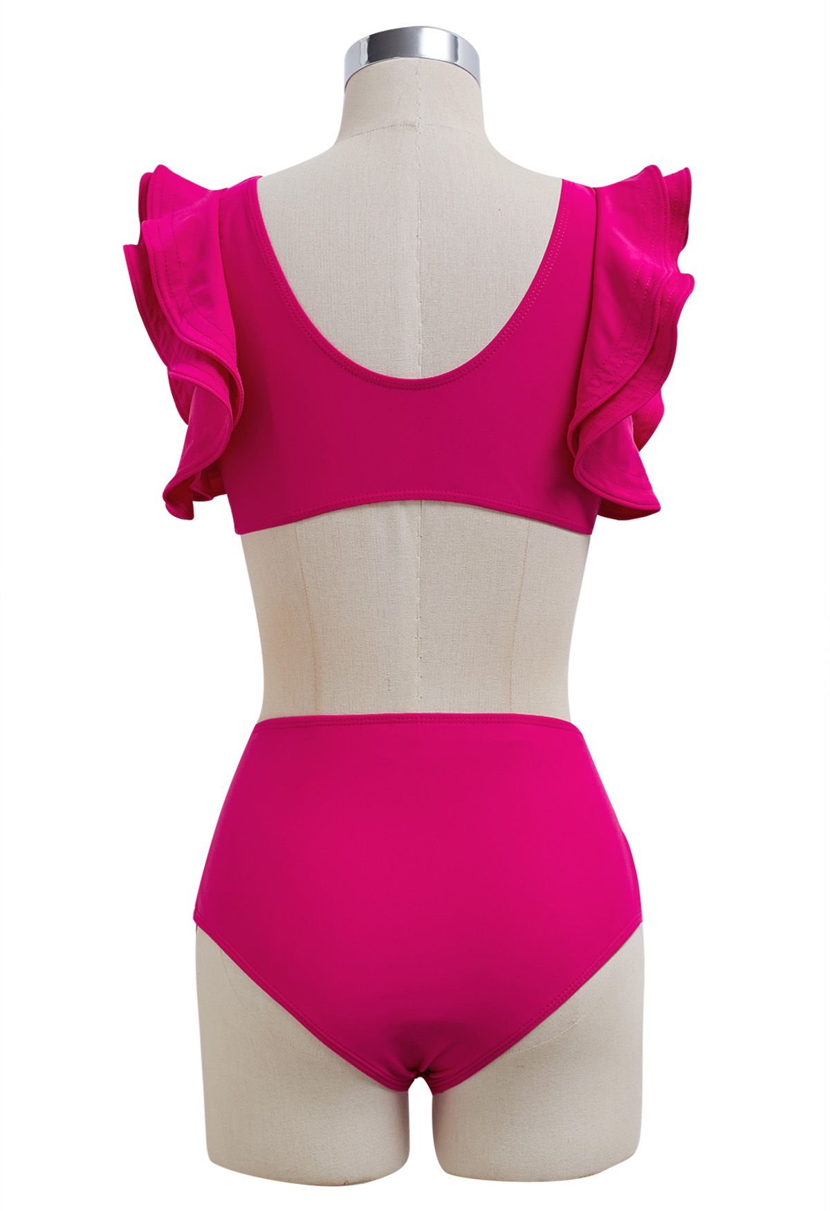 V-Shape Metal Trim Ruffle Bikini Set in Hot Pink
