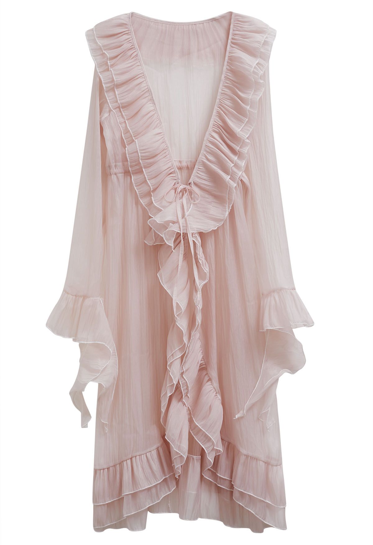 Tiered Ruffle Drawstring Waist Sheer Cover-Up