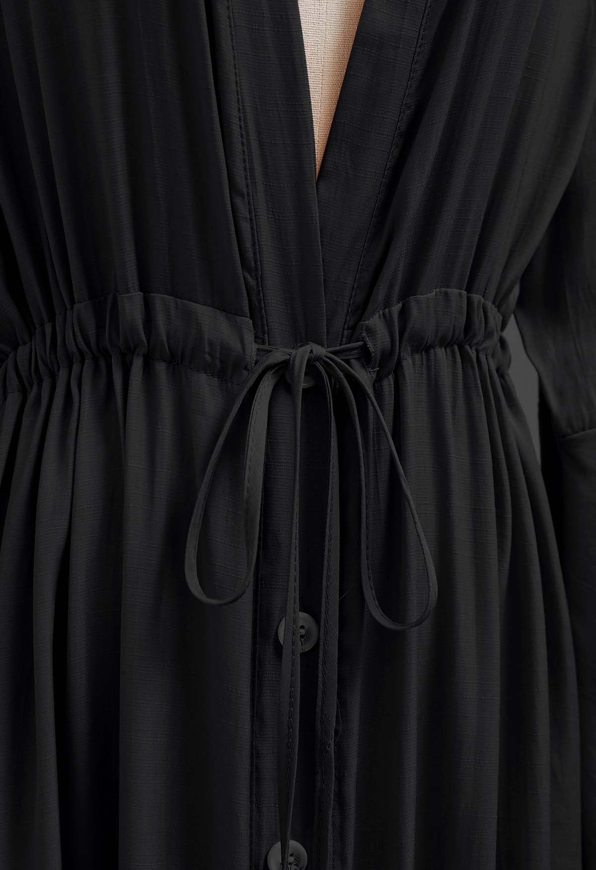 V-Neck Flounce Sleeves Button-Up Cover-Up in Black