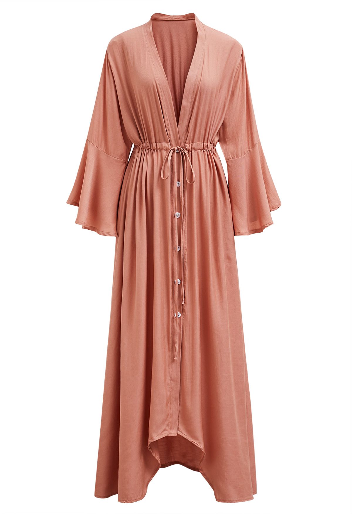 V-Neck Flounce Sleeves Button-Up Cover-Up in Coral