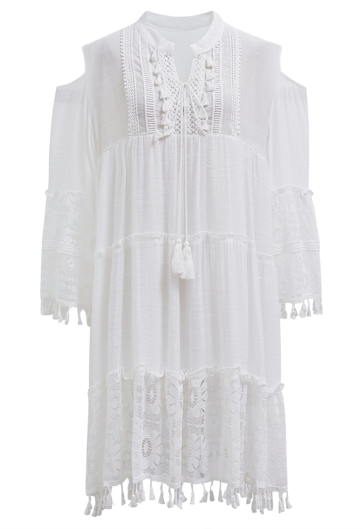 Cutwork Lace Tassel Trim Dolly Dress in White