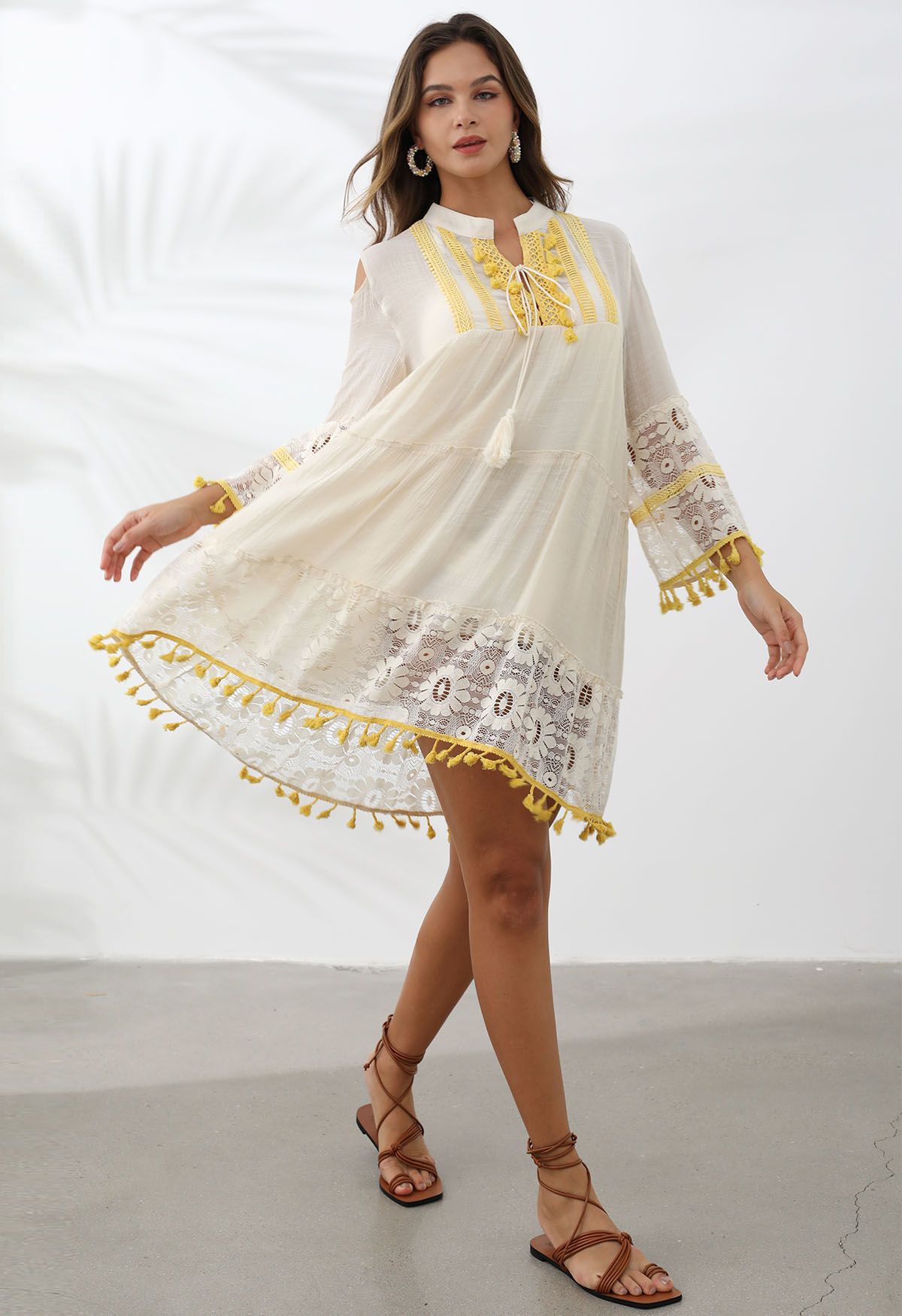 Cutwork Lace Tassel Trim Dolly Dress in Cream Retro Indie and Unique Fashion