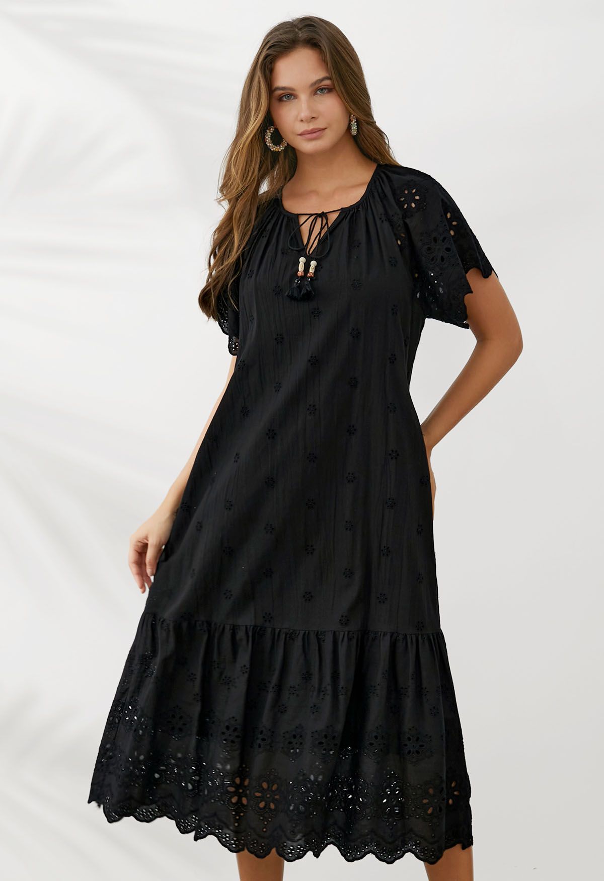 V-Neck Floral Embroidery Eyelet Dolly Dress in Black