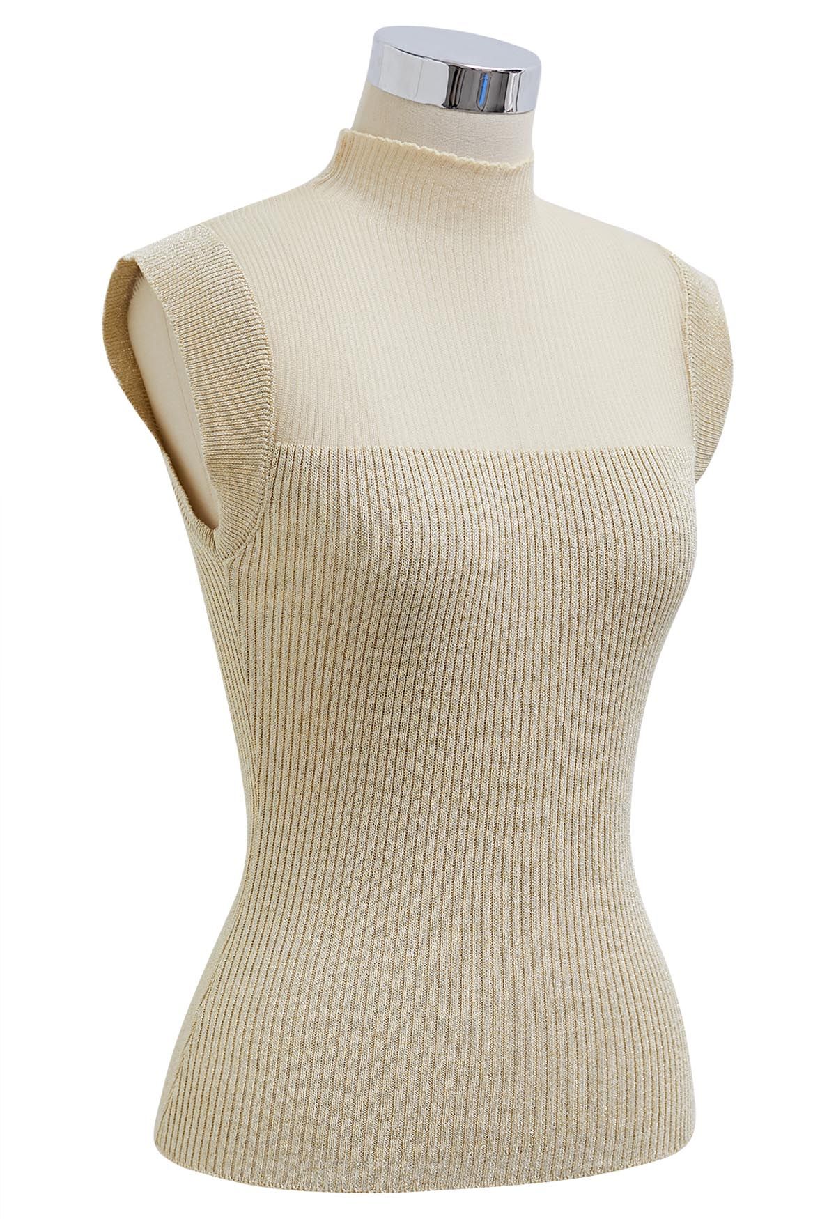 Cutout Mesh Mock Neck Metallic Knit Top in Gold