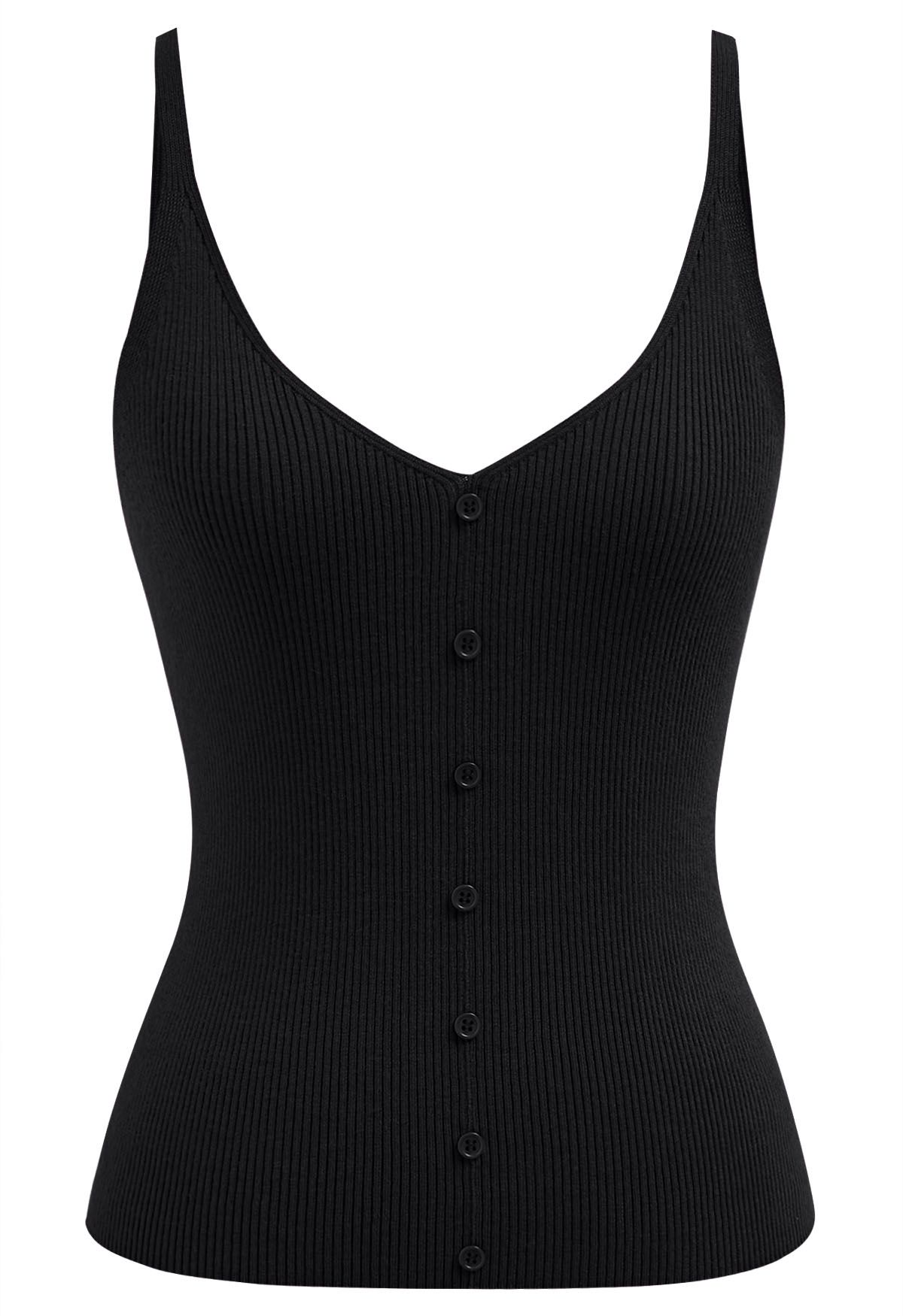 Button Decorated Ribbed Knit Tank Top in Black