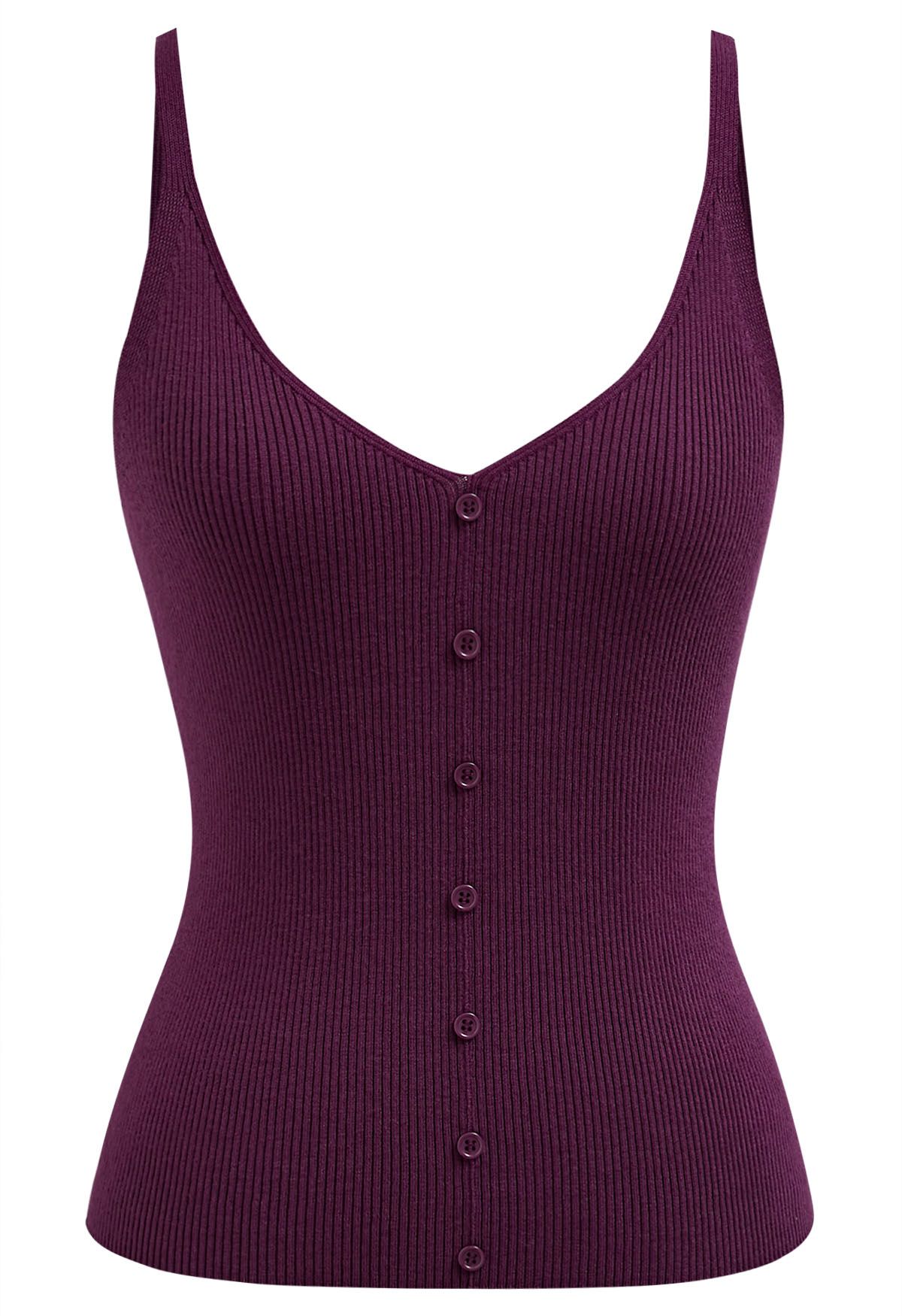 Button Decorated Ribbed Knit Tank Top in Purple