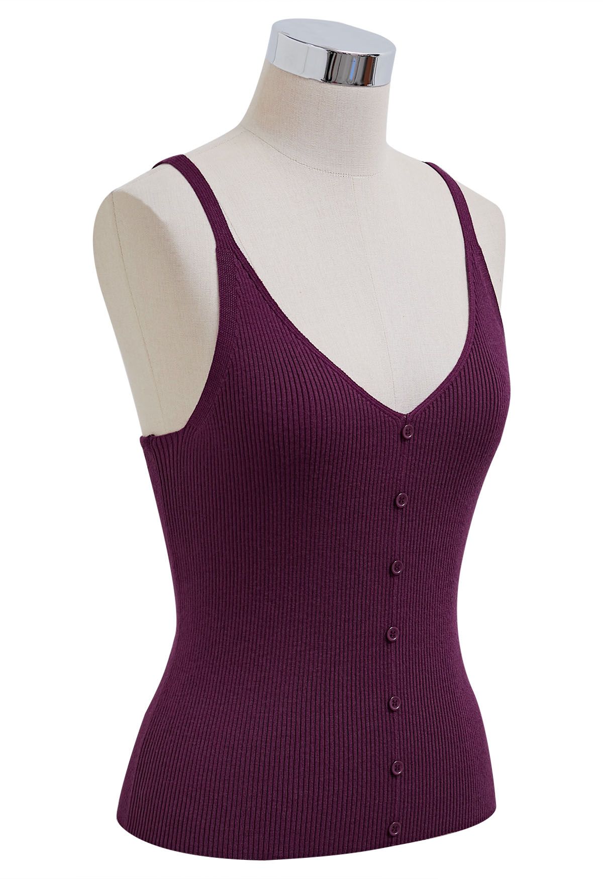 Button Decorated Ribbed Knit Tank Top in Purple