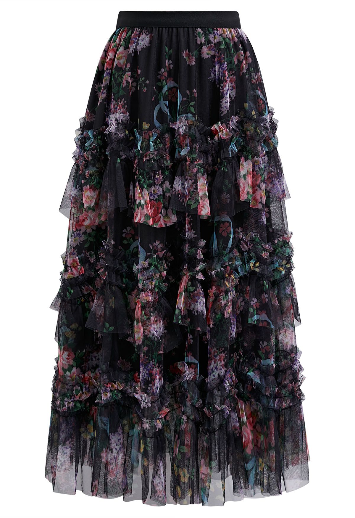 Fairy Dream Floral Ruffle Mesh Midi Skirt in Black Retro Indie and Unique Fashion