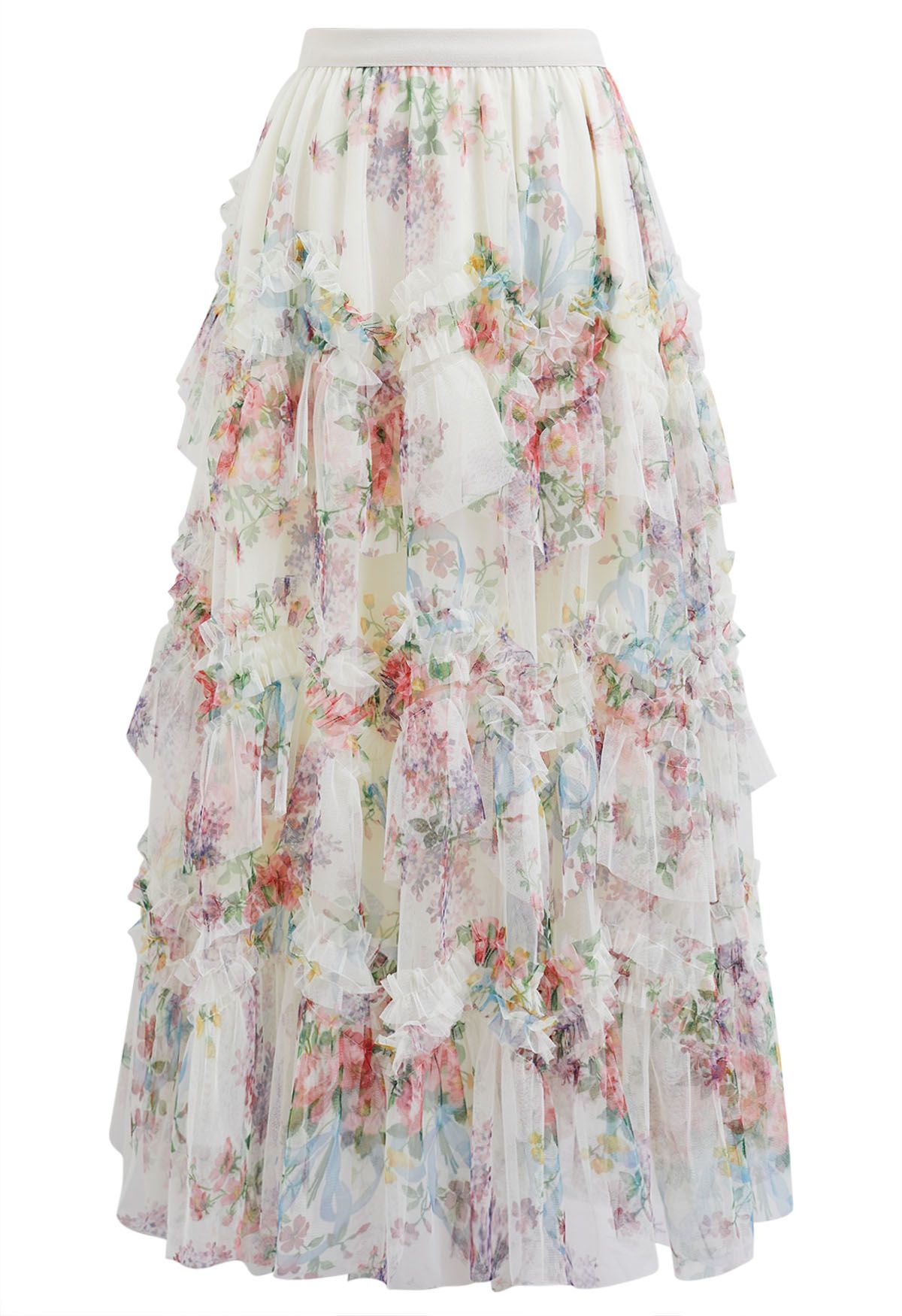 Fairy Dream Floral Ruffle Mesh Midi Skirt in White