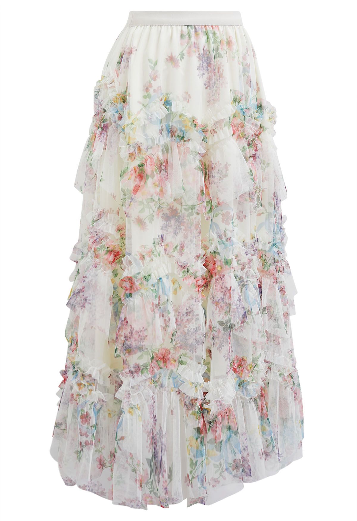 Fairy Dream Floral Ruffle Mesh Midi Skirt in White