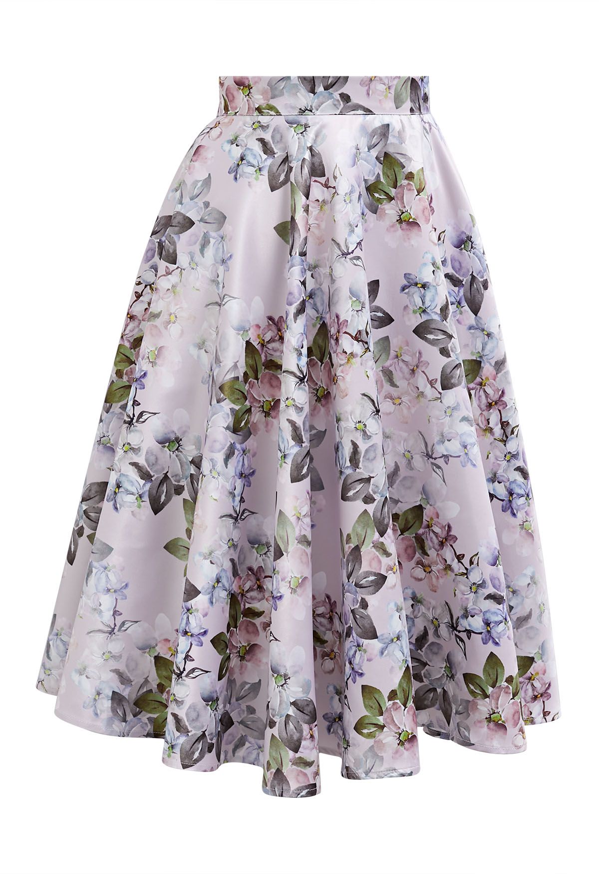 Bright Floral Printed Flare Midi Skirt in Light Pink - Retro, Indie and ...