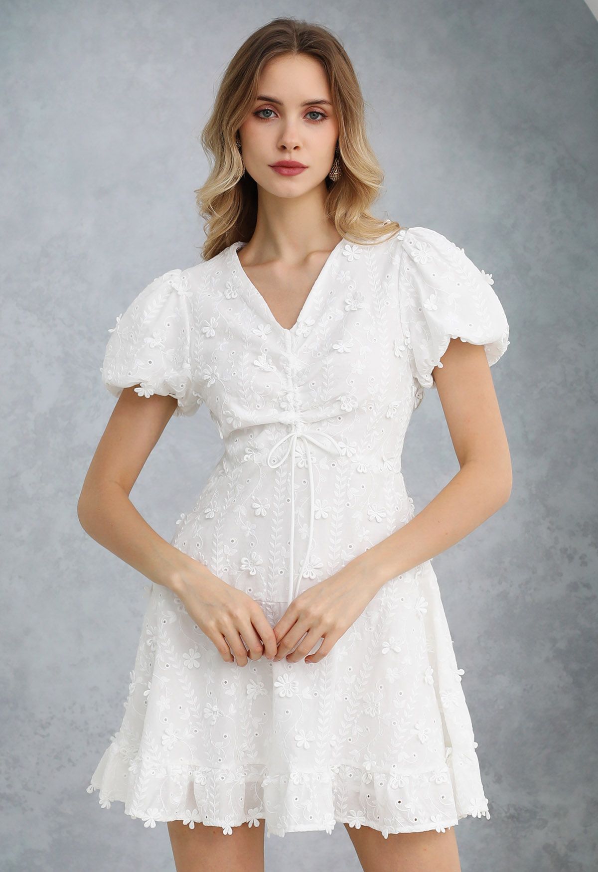 3D Daisy Bubble Sleeve Cotton Mini Dress in White