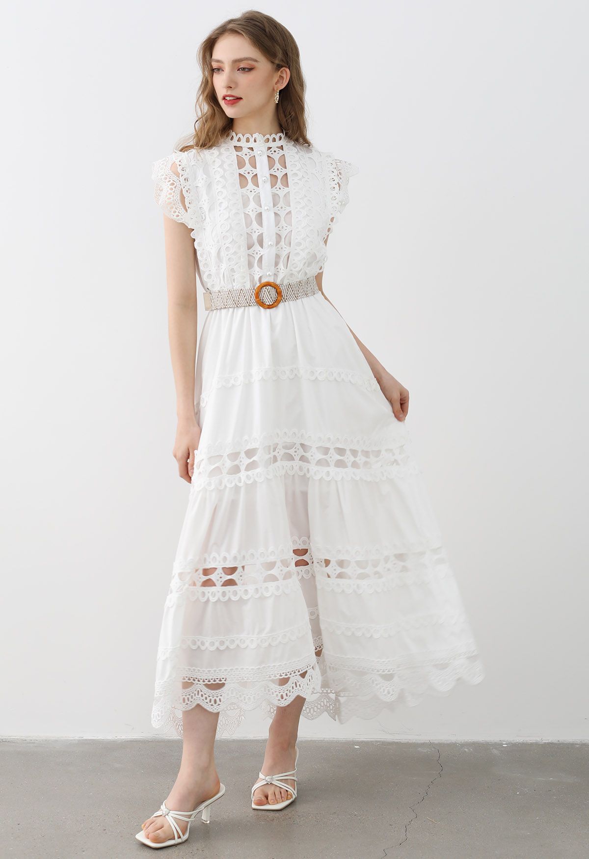 Belted Cutwork Pearly Sleeveless Maxi Dress in White