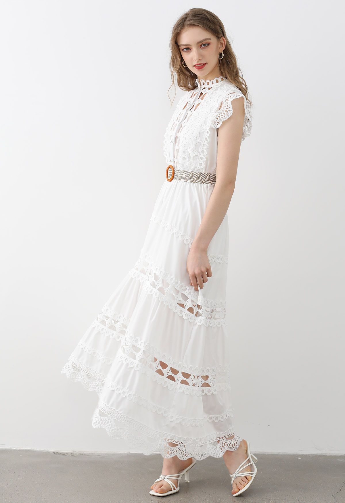 Belted Cutwork Pearly Sleeveless Maxi Dress in White