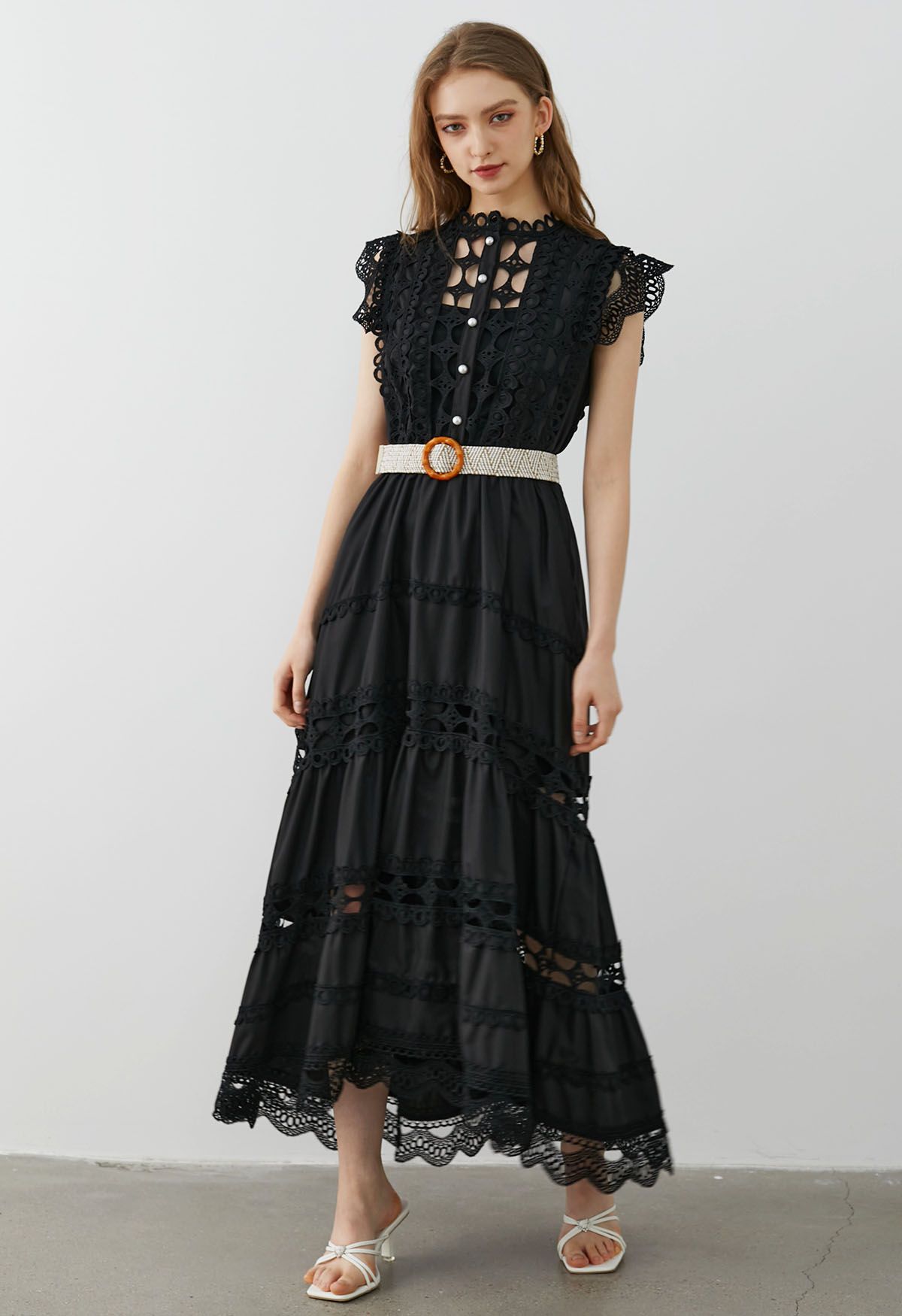 Belted Cutwork Pearly Sleeveless Maxi Dress in Black - Retro, Indie and ...