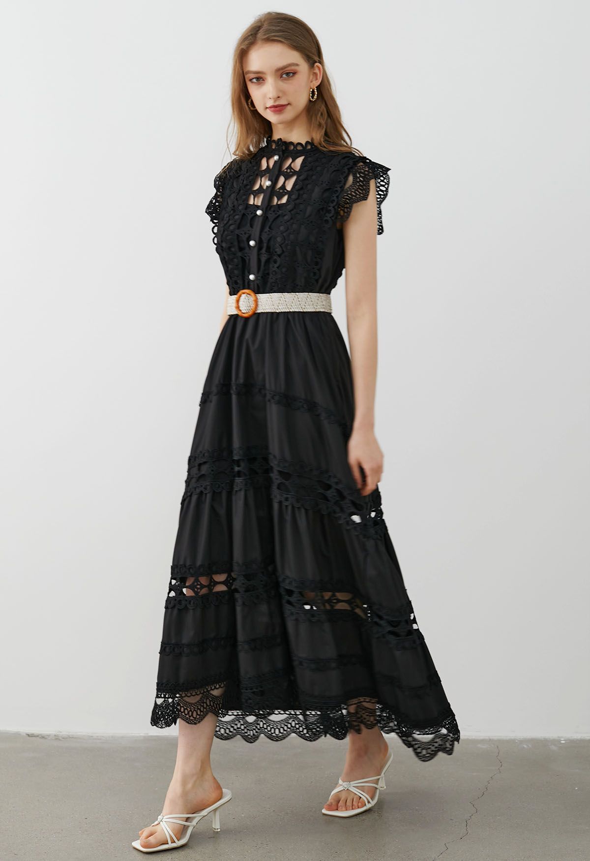 Belted Cutwork Pearly Sleeveless Maxi Dress in Black - Retro, Indie and ...