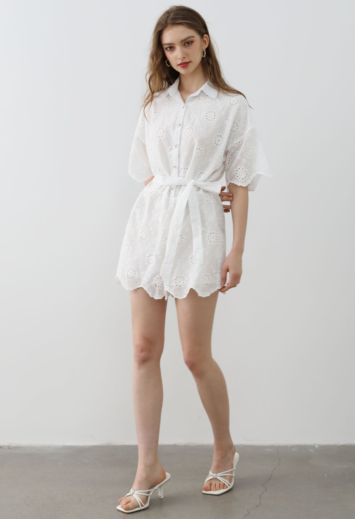 Floral Eyelet Embroidery Scalloped Edge Playsuit