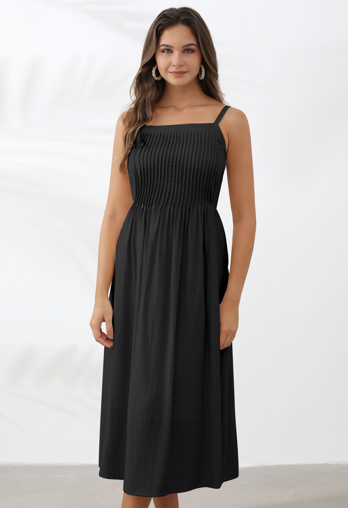 Pintuck Linen-Blend Cami Dress in Black