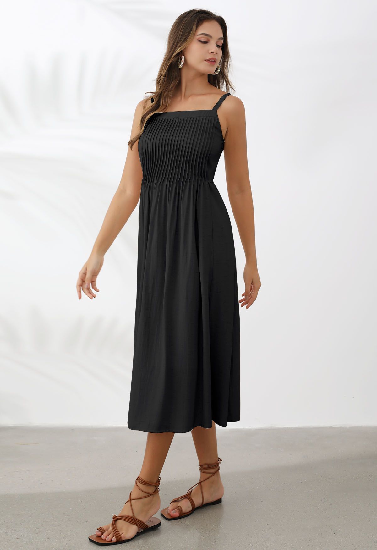 Pintuck Linen-Blend Cami Dress in Black