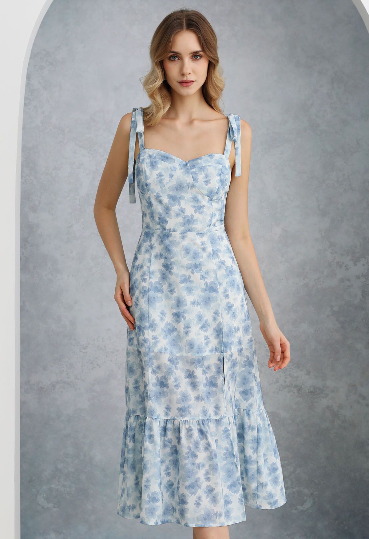 Floral Tie Shoulder Split Midi Dress in Blue