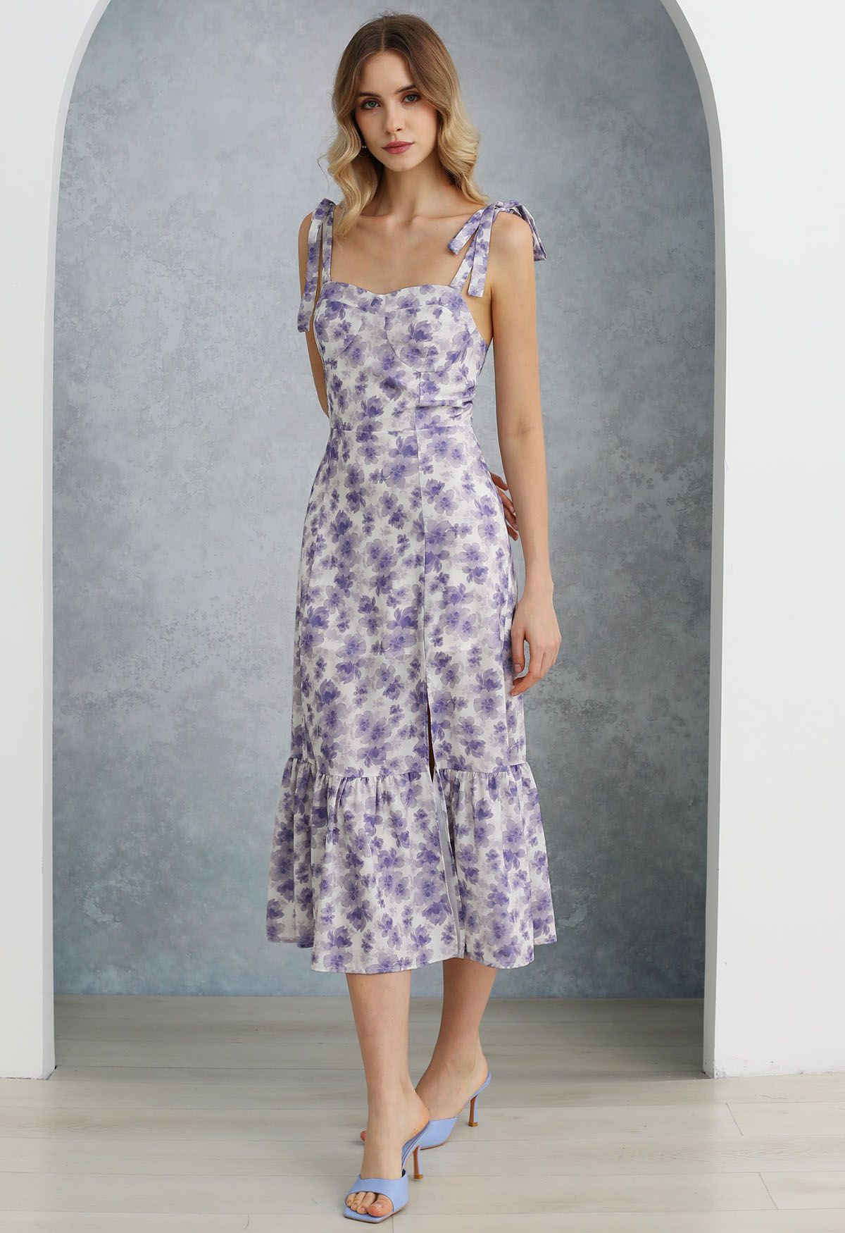 Floral Tie-Shoulder Split Midi Dress in Purple