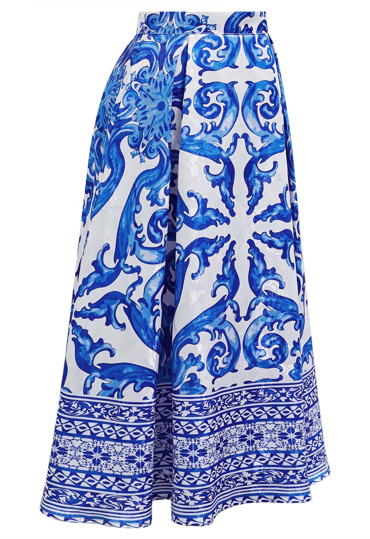 Blue Tile Jacquard Pleated A-Line Midi Skirt