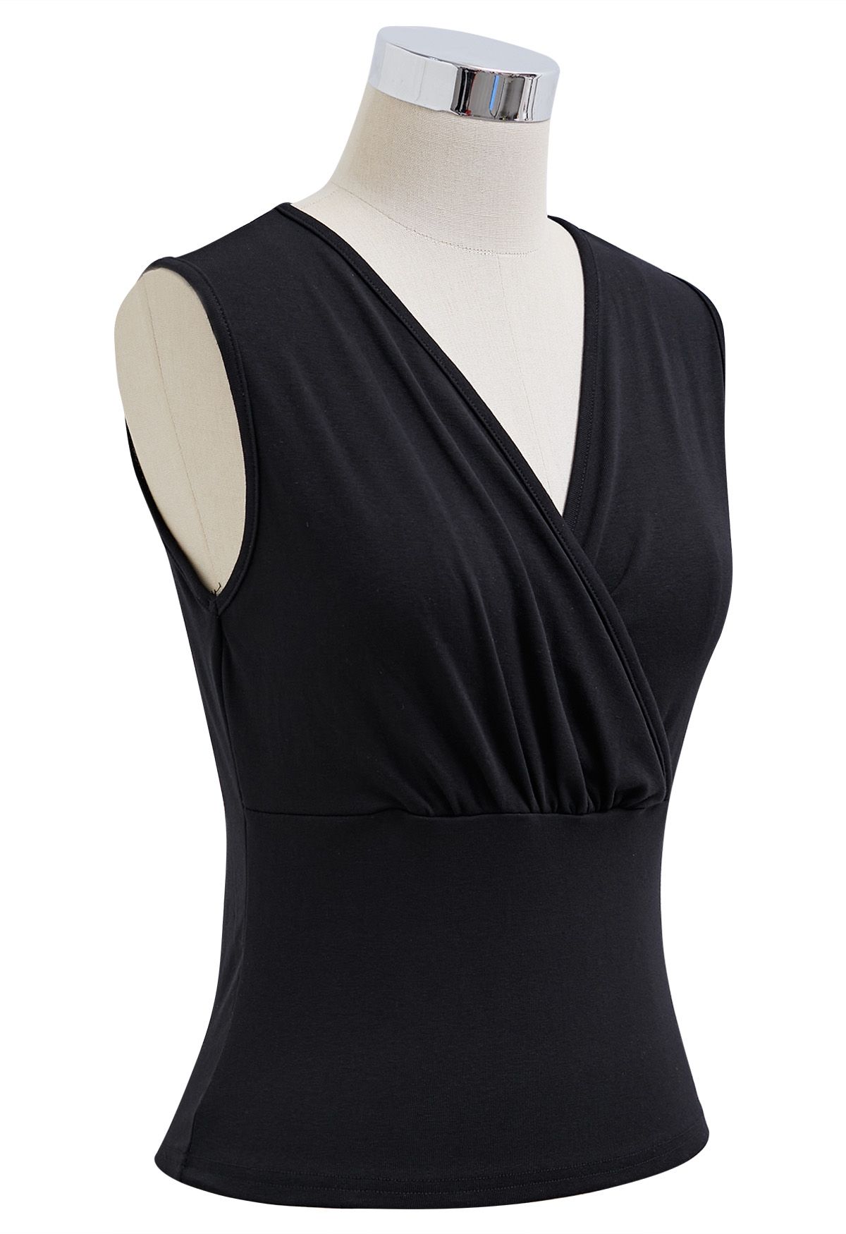 Faux-Wrap Sleeveless Cotton Top in Black