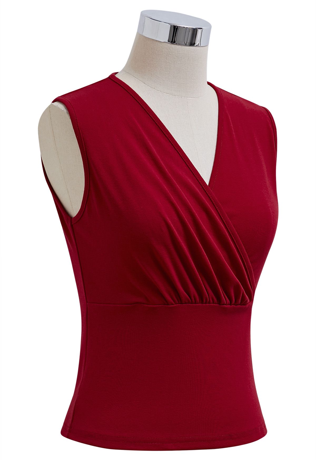 Faux-Wrap Sleeveless Cotton Top in Red