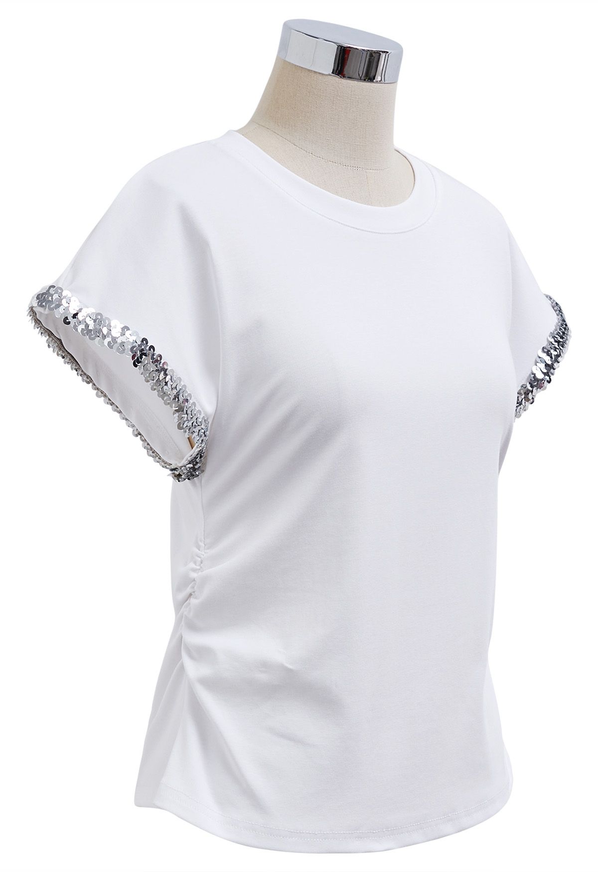 Sequined Cuff Ruched Side T-Shirt in White