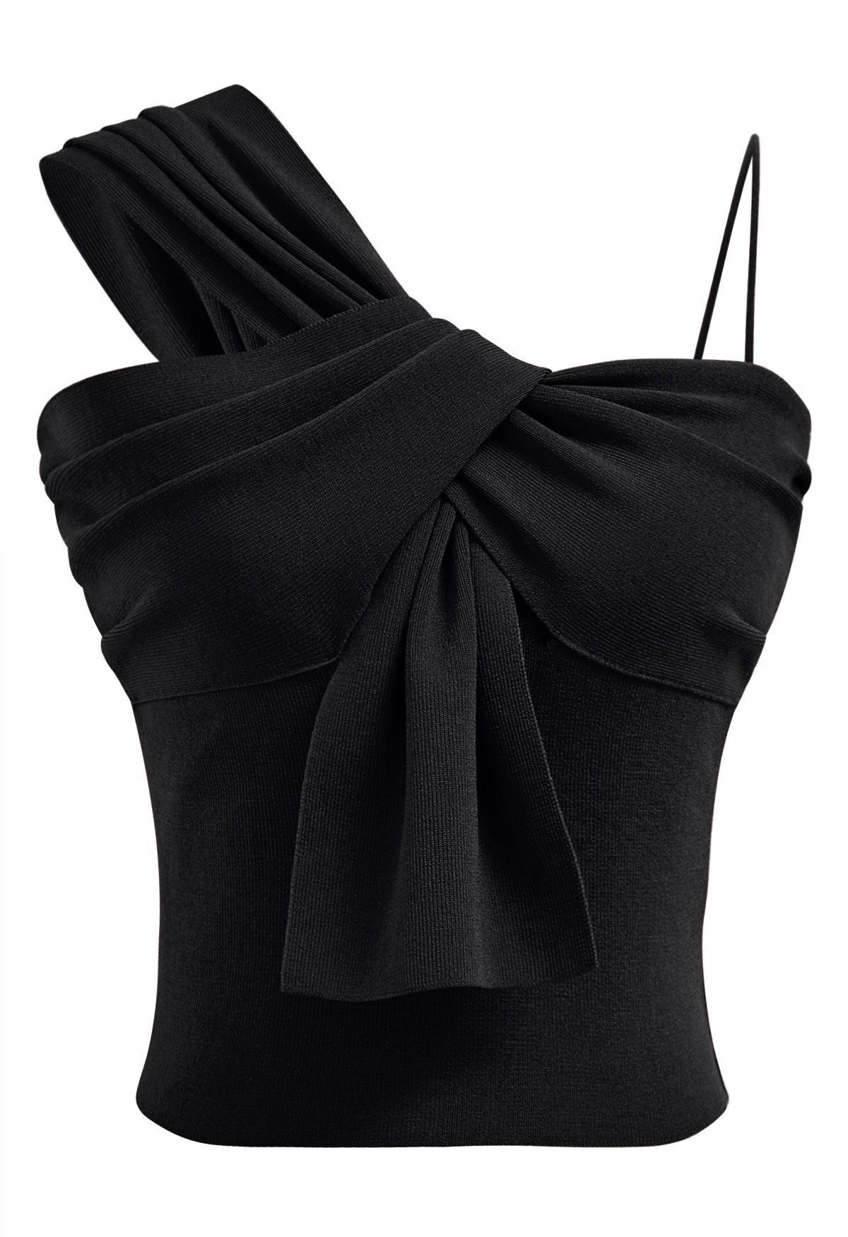 Knotted Front Asymmetric Straps Crop Knit Top in Black