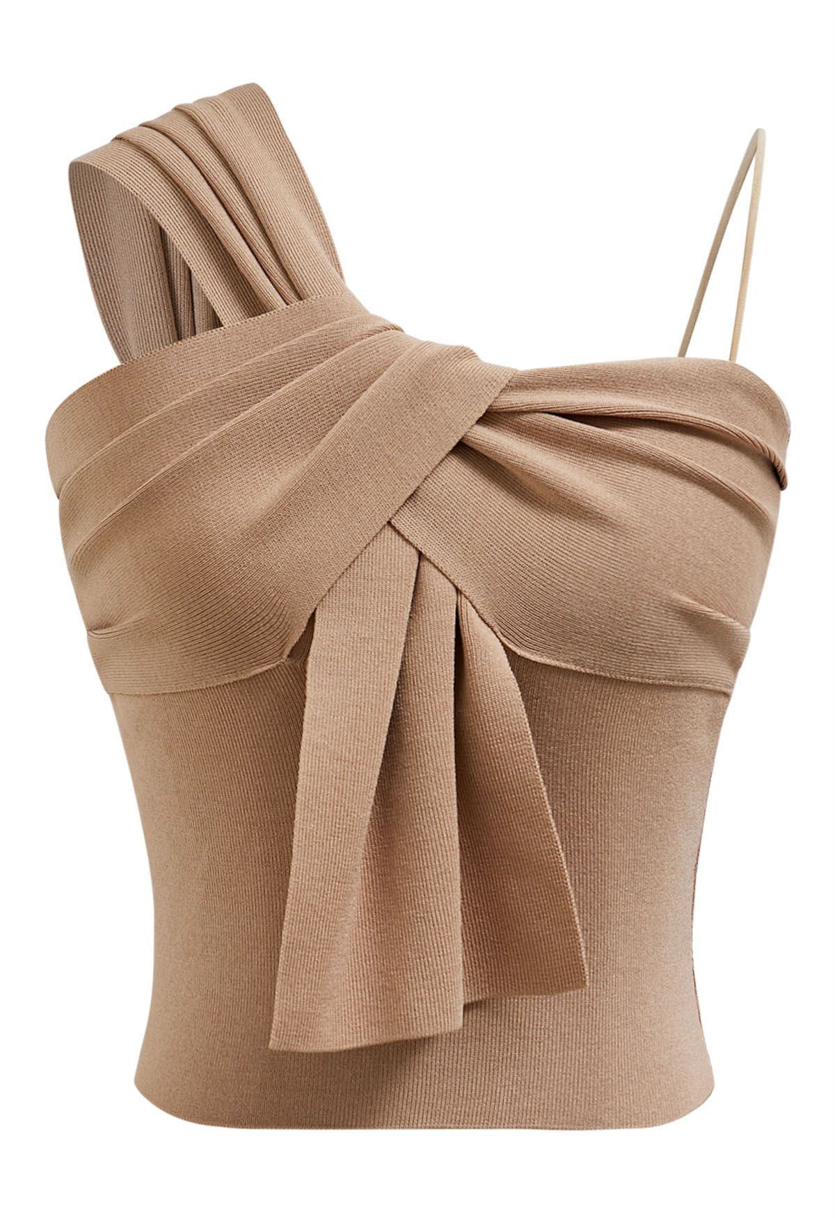 Knotted Front Asymmetric Straps Crop Knit Top in Tan