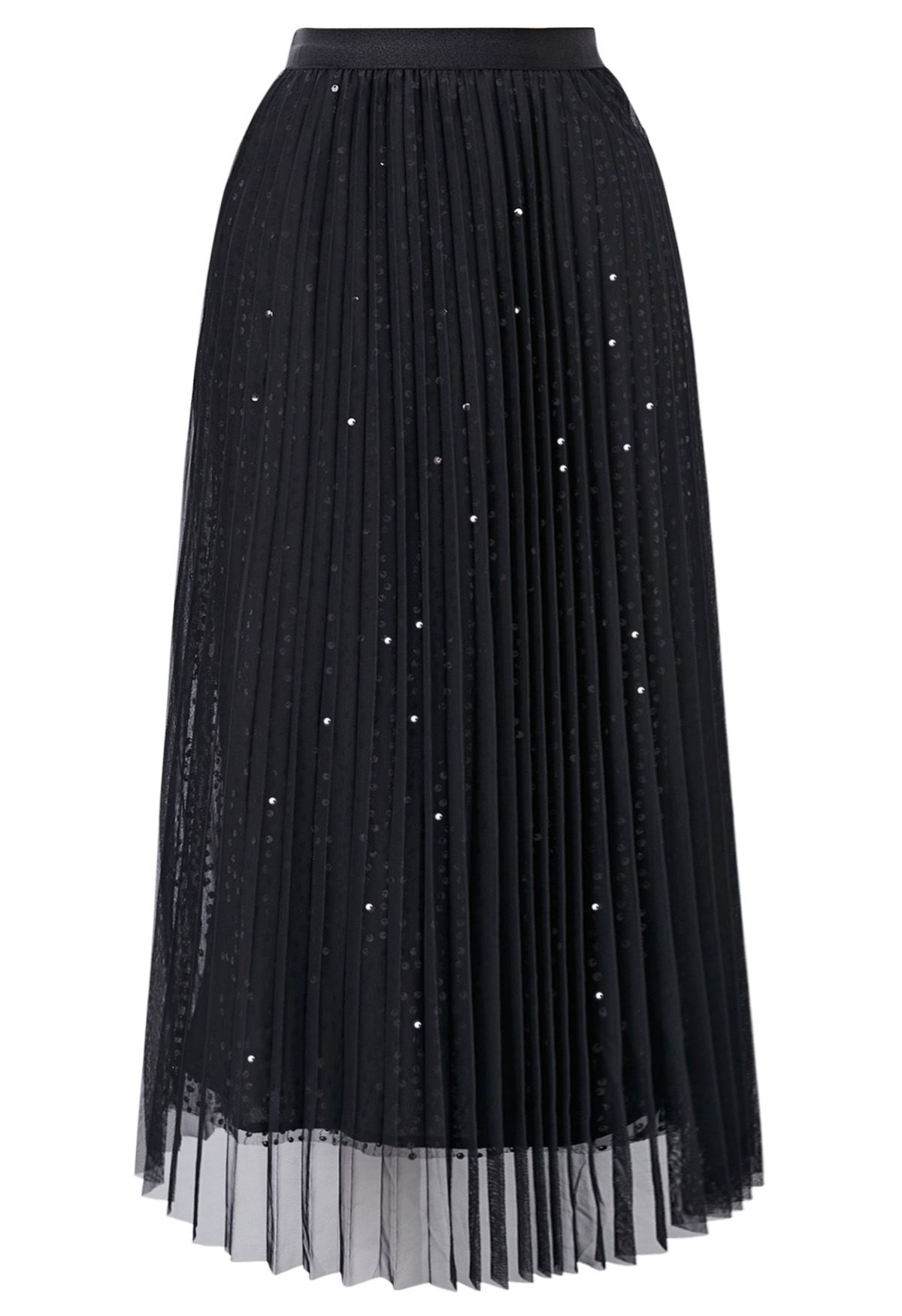 Glister Sequin Trim Mesh Tulle Maxi Skirt in Black