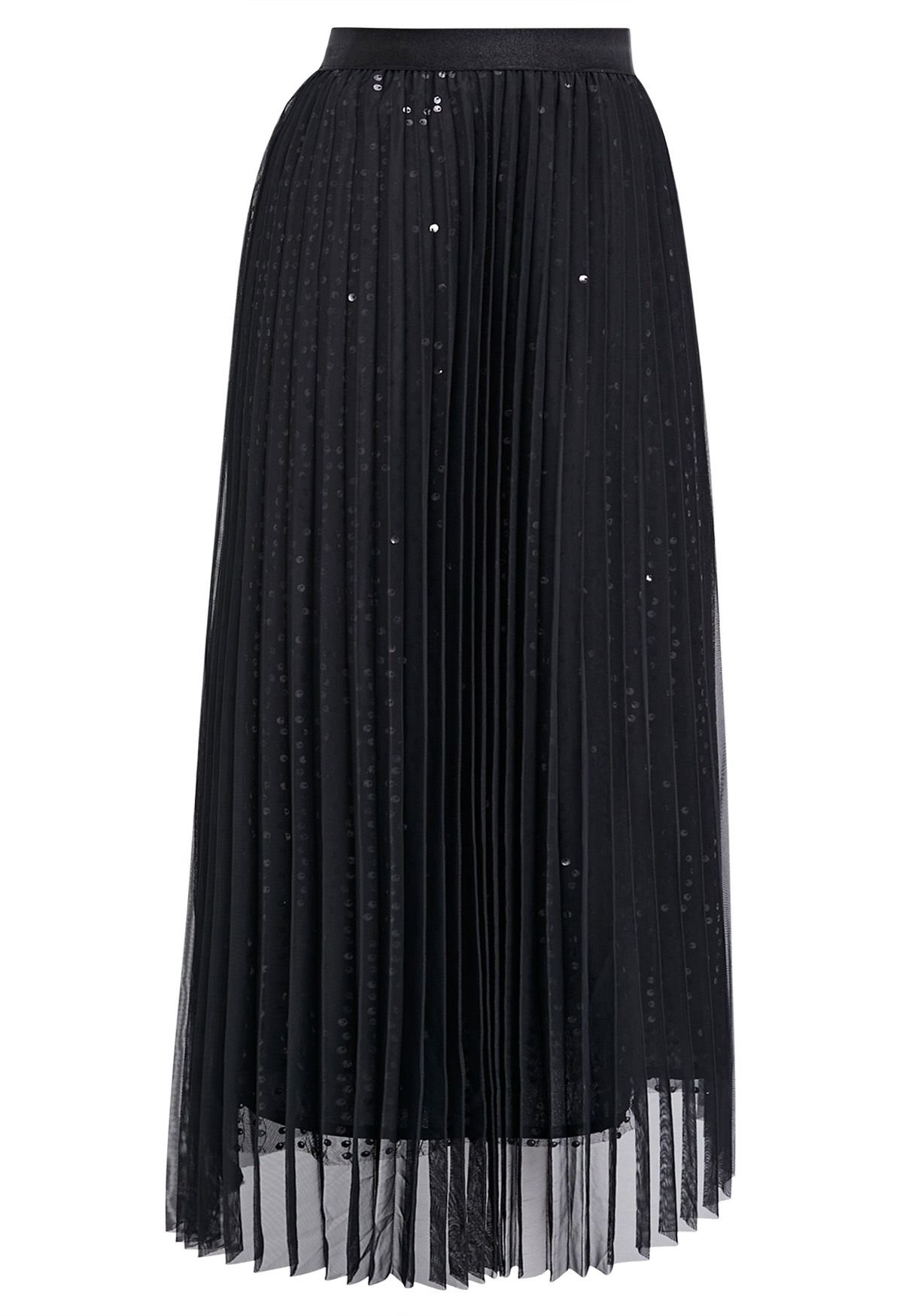 Glister Sequin Trim Mesh Tulle Maxi Skirt in Black