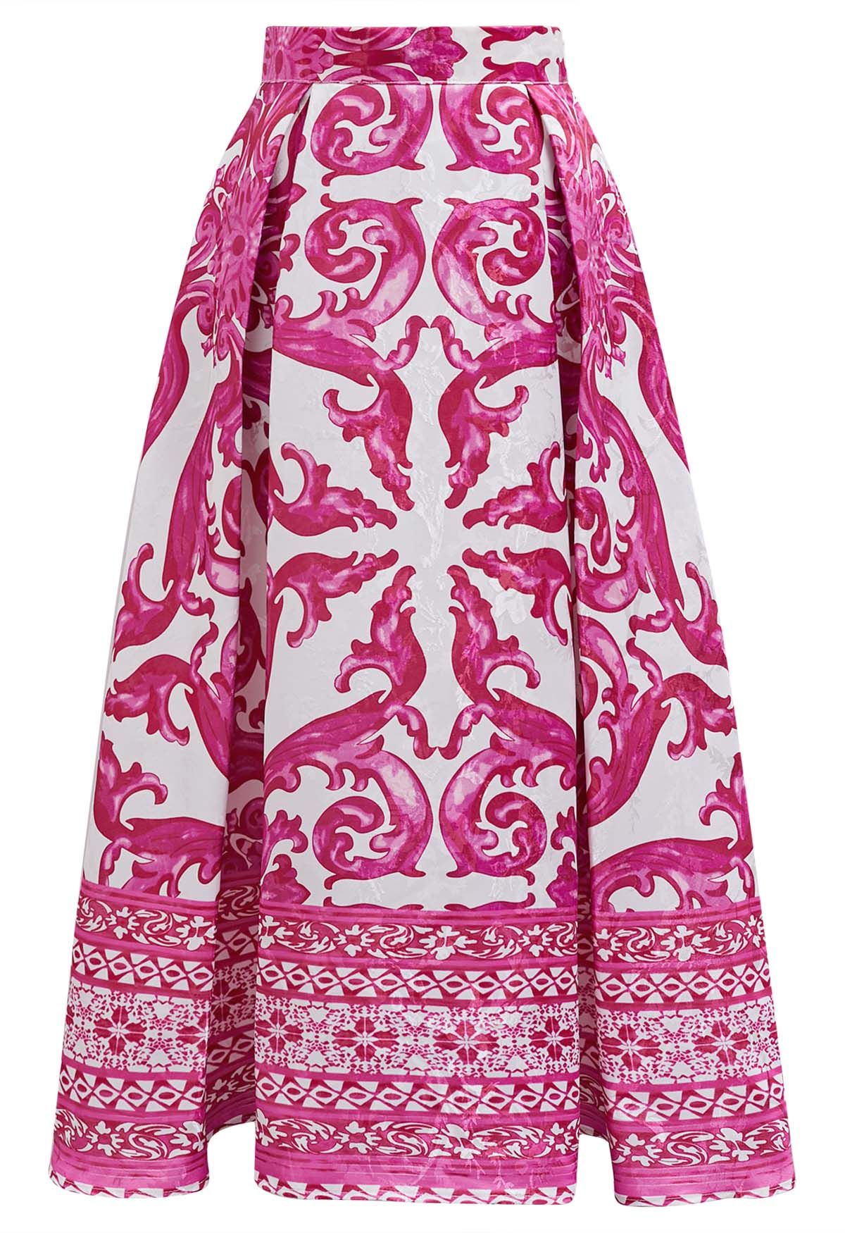 Pink Tile Jacquard Pleated A-Line Midi Skirt
